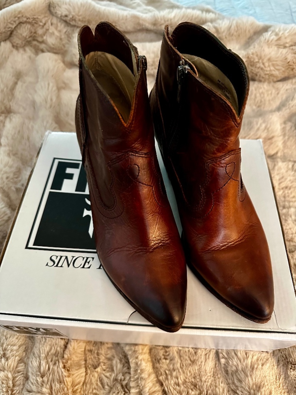 Frye Cognac Pointed Leather Ankle Booties with Side Zips